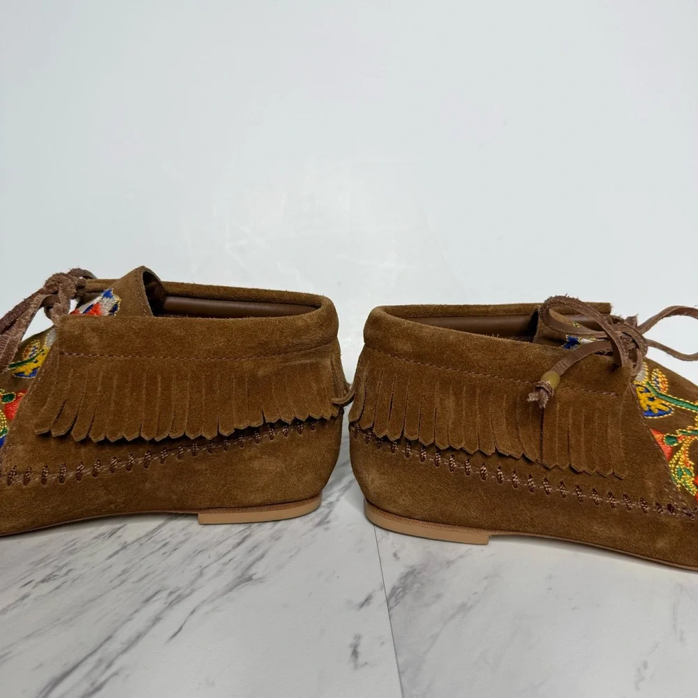 Tory Burch Huntington Fringe Embroidered Brown Suede Moccasins 6M